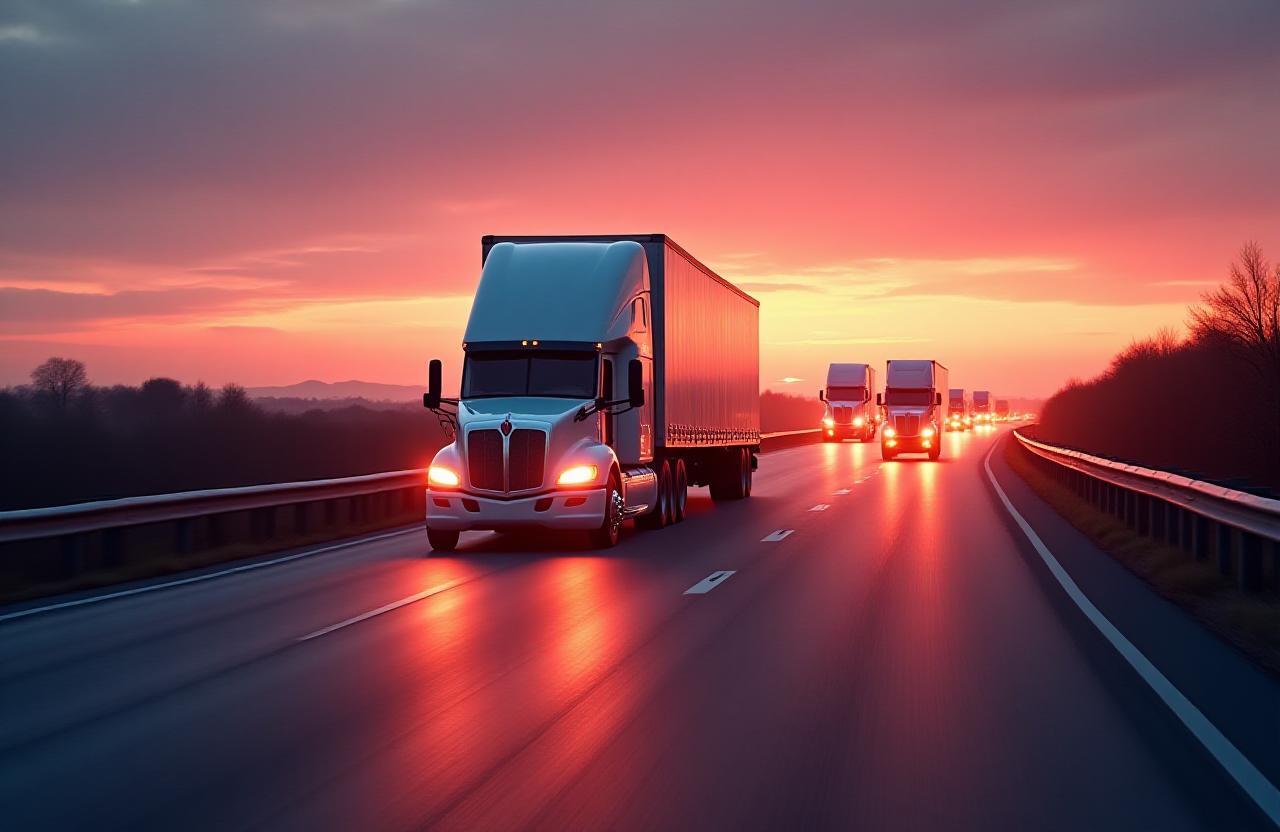 High-capacity delivery trucks on a modern highway at dusk